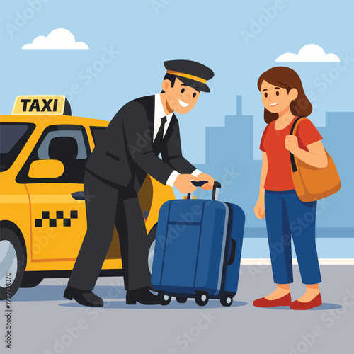 Taxi driver helping customer with suitcase