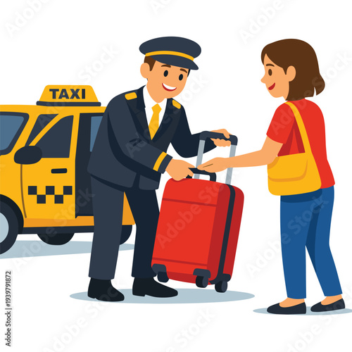 Taxi driver assisting passenger with luggage