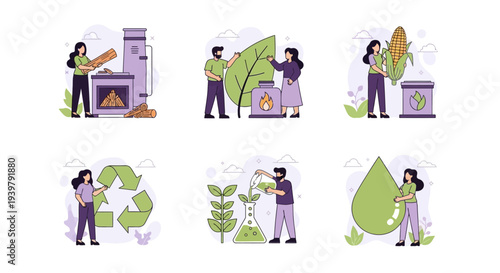 Six illustrations showing biomass energy sources recycling and ecology concepts