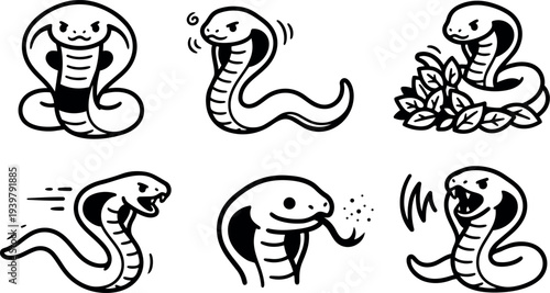 Tattoo flash cobra icon set six black and white vector snake emblems showing hoods fangs and varied poses for logo