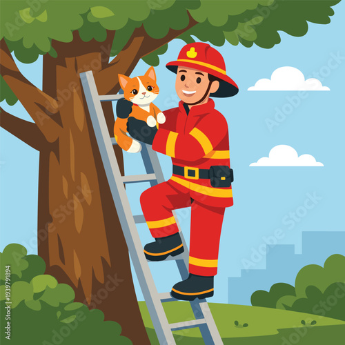 Firefighter saving cat from tree branch