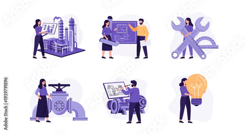 Six illustrations depicting women and men in engineering construction and idea generation roles