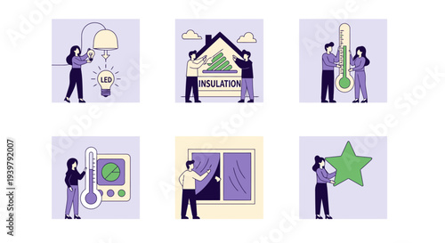 Six panels depicting energysaving actions lighting insulation temperature thermostat window covering and rating