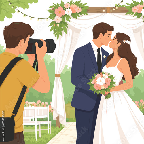 Wedding photographer capturing a couple's first kiss