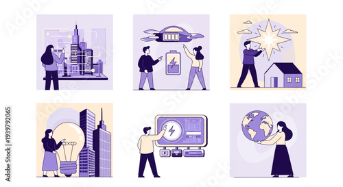 Six panels illustrating concepts of urban technology energy and global care