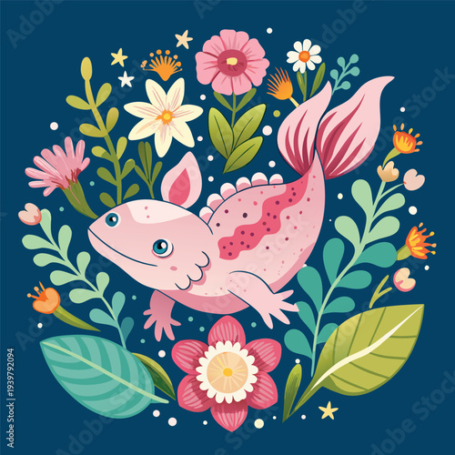 A charming illustration depicts a pink axolotl surrounded by colorful flowers and foliage