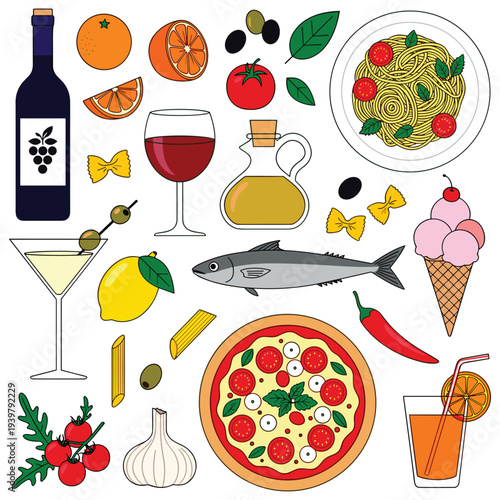 Italian food and drink assortment pizza pasta wine and ice cream