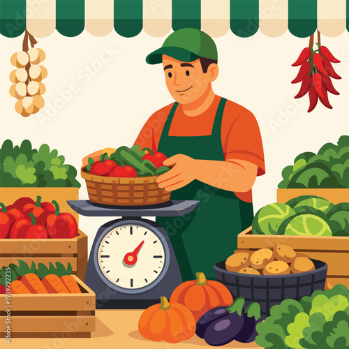 Market vendor weighing fresh vegetables