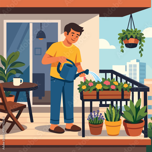 Man watering plants on a balcony garden
