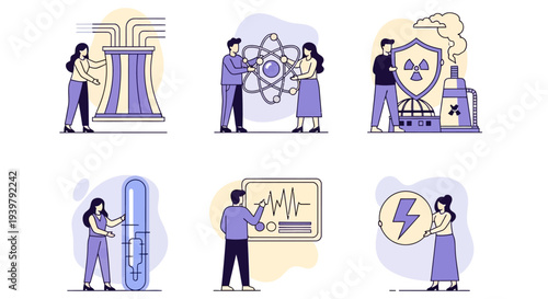 Six vector illustrations depicting nuclear science and energy concepts with people