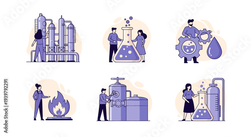 Six vignettes illustrating chemical engineering processes with people interacting with equipment