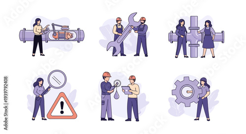 Six vignettes showing people inspecting repairing and managing industrial pipelines and machinery