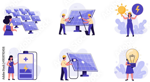 Sixpanel illustration depicting solar energy concepts installation and results