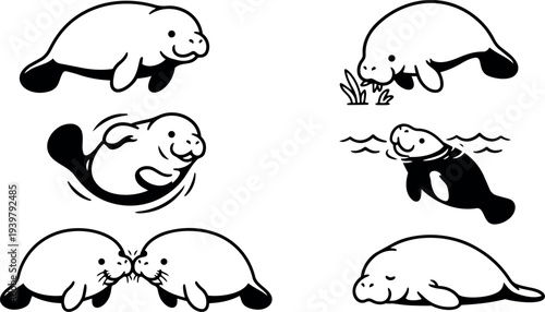 Line art playful manatee characters showing swimming rolling kissing grazing and sleeping set of cute black and white vector stickers