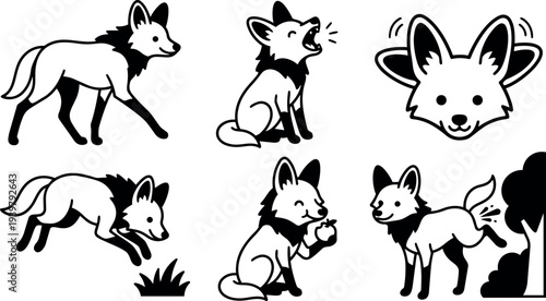 Monochrome line art fox character set showing walking, howling, headshot, pouncing, eating apple and playful tail wagging in simple vector