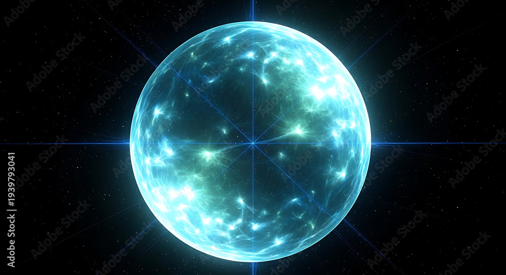 Obraz premium Abstract Glowing Blue Orb with Interconnected Digital Network and Energetic Light Patterns in Space