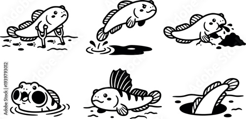Line art cartoon goby fish icon set showing six amphibious poses including walking jumping burrowing bubbling fin display and diving