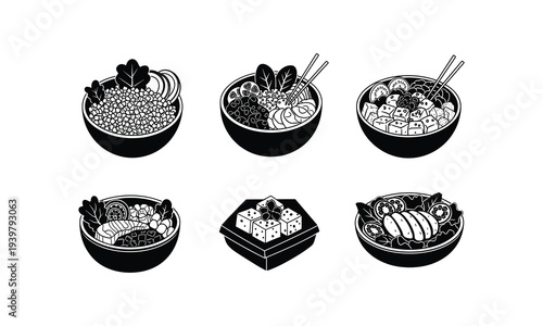Black and white illustration of various japanese and asian food bowls