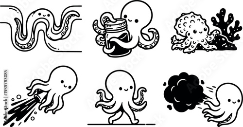 Line art playful octopus character set showing six cute octopus poses holding jar swimming walking jetting and interacting in black