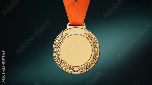 Golden medal with laurel wreath and orange ribbon on dark background