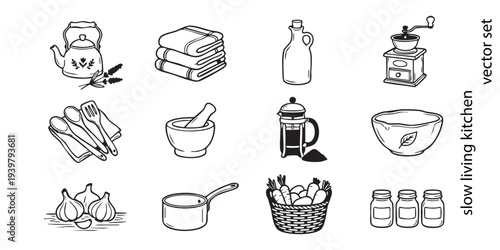 A collection of kitchen items for a leisurely lifestyle: minimalist, hand-drawn rustic elements and vintage cafe sketches. Vector set on a transparent background.