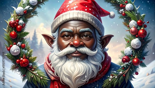 A close-up of a festive, dark-skinned character with a Santa hat, white beard, and framed by a wreath