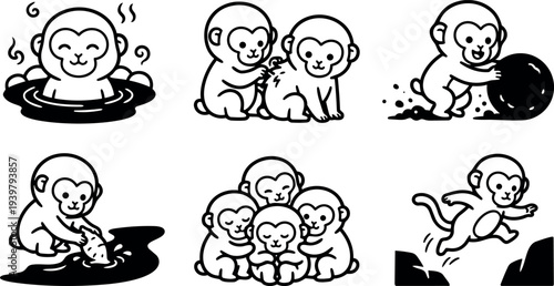 Minimalist line art monkey icon set showing six playful baby monkeys bathing grooming playing rolling jumping in simple vector composition