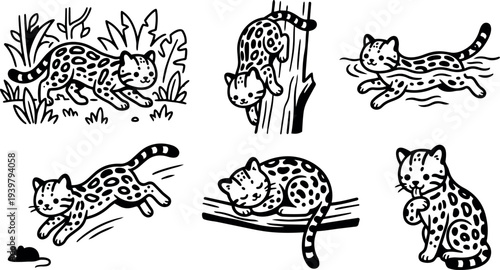 Whimsical kids doodle showing six playful spotted kitten poses climbing tree, pouncing on mouse, swimming, sleeping, grooming black line art