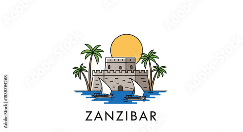 A charming line art illustration features the Old Fort of Zanzibar, complete with dhow boats, green palm trees, and an orange sun, against a white background.