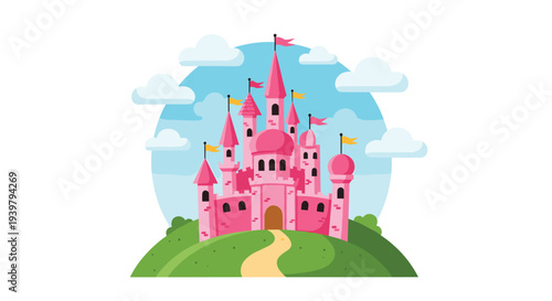 A charming flat design illustration features a whimsical pink castle with multiple turrets and flags, set atop a green hill under a blue sky.