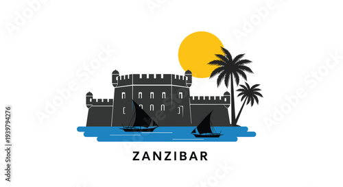 A striking silhouette illustration showcases the Old Fort of Zanzibar with two dhow boats and palm trees under a large sun, featuring bold black shapes.
