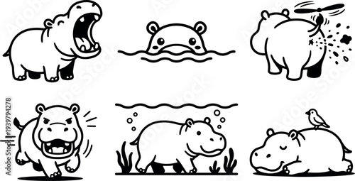 Line art hippo icon set showing yawning swimming farting with propeller charging underwater walking and sleeping with bird playful expressions