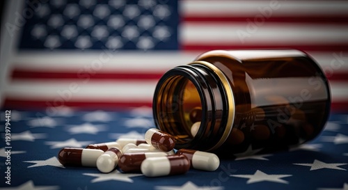 American pharmaceutical scene with pills and flag