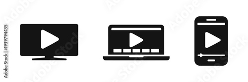 Video streaming device icon set solid black vector illustration