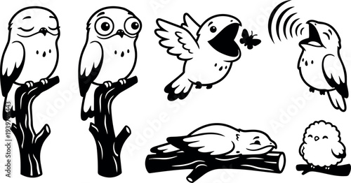 Line art cartoon cute bird character set with perched wide eyed yawning singing sleeping poses on branches black and white vector