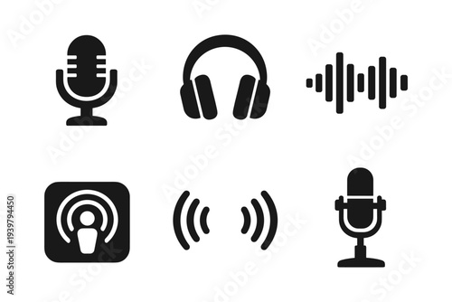 Podcast and audio recording icon set solid black vector illustration