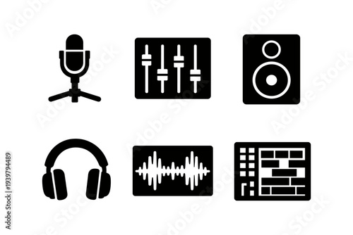 Audio recording and music production icon set solid black icon set vector illustration