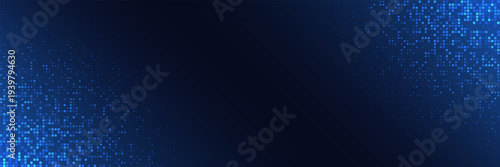 Abstract tech background. Glowing blue pixel squares on dark gradient. Wide digital data mosaic for network, innovation, big data or futuristic technology design. Vector Illustration.