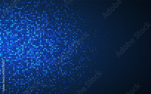 Abstract technology background. Glowing blue pixels mosaic on dark gradient. Futuristic data network concept for big data, innovation or cyber tech design. Vector Illustration.