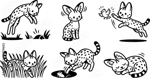 Kawaii line art multiple playful spotted wildcat poses chasing bird peeking in grass and sleeping cute vector icon collection set
