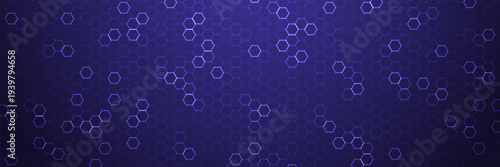 Hexagon background. Abstract medical pattern. Geometric science pattern with glowing cells. Bright digital hexagons. Purple tech grid with light effect. Futuristic wallpaper. Vector illustration.