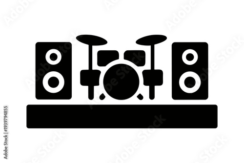 Music Stage Setup with Drums and Speakers - Solid Black Icon Set Vector Illustration