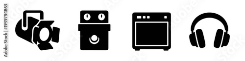Music Equipment and Audio Gear Icons - Headphones, Amplifier, Stage Light - Solid Black Icon Set Vector Illustration