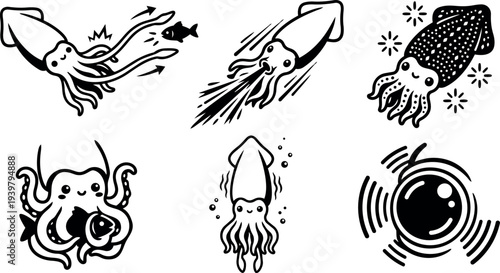 Line art vector squid icon set showing smiling squid and octopus in playful poses with ink jet ripple badge black flat