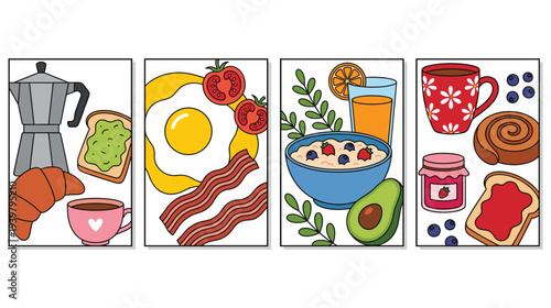 Breakfast menu posters set with coffee, eggs, bacon, juice, and fruit