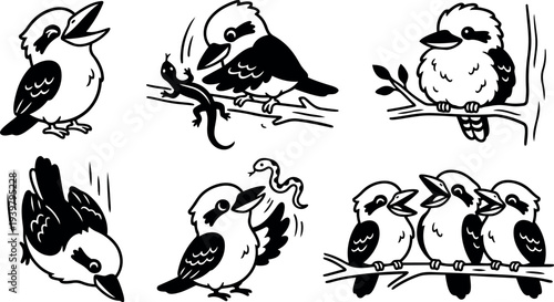Line art kookaburra character set showing six poses eating calling perched and interacting on branches with bold black expressive strokes