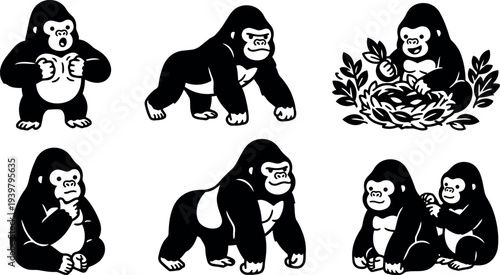 Flat design set of six gorilla mascot poses in black and white showing sitting, grooming, standing and walking with faces