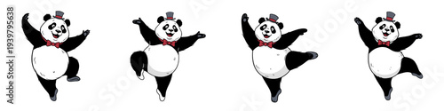Four playful pandas dance joyfully, showcasing their funny moves in a lively and entertaining scene. A group of four amusing pandas dances energetically, bringing smiles with their funny antics