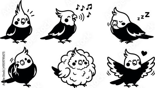 Cute line art cockatiel character set showing six expressive poses including singing sleeping fluffed and winged gestures for stickers icons