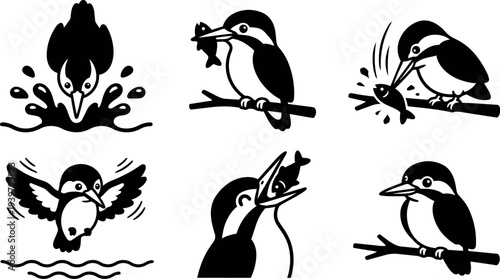 Flat design minimalist kingfisher icon set showing diving catching fish perched on branch and flapping wings in bold black silhouette